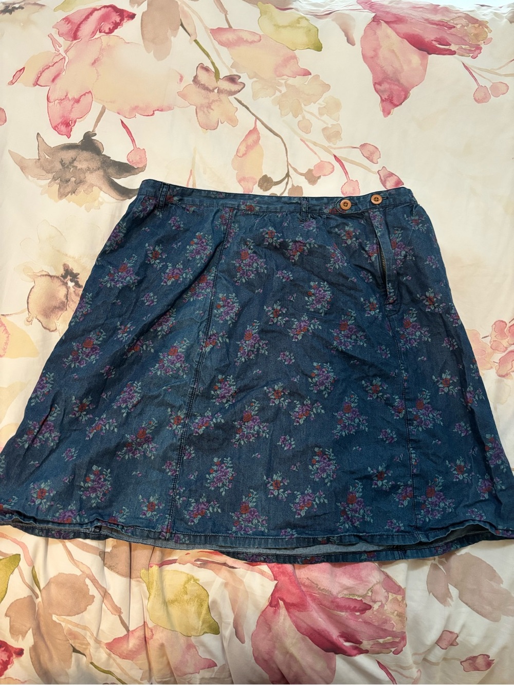 Blue Floral Denim A-Line Skirt by